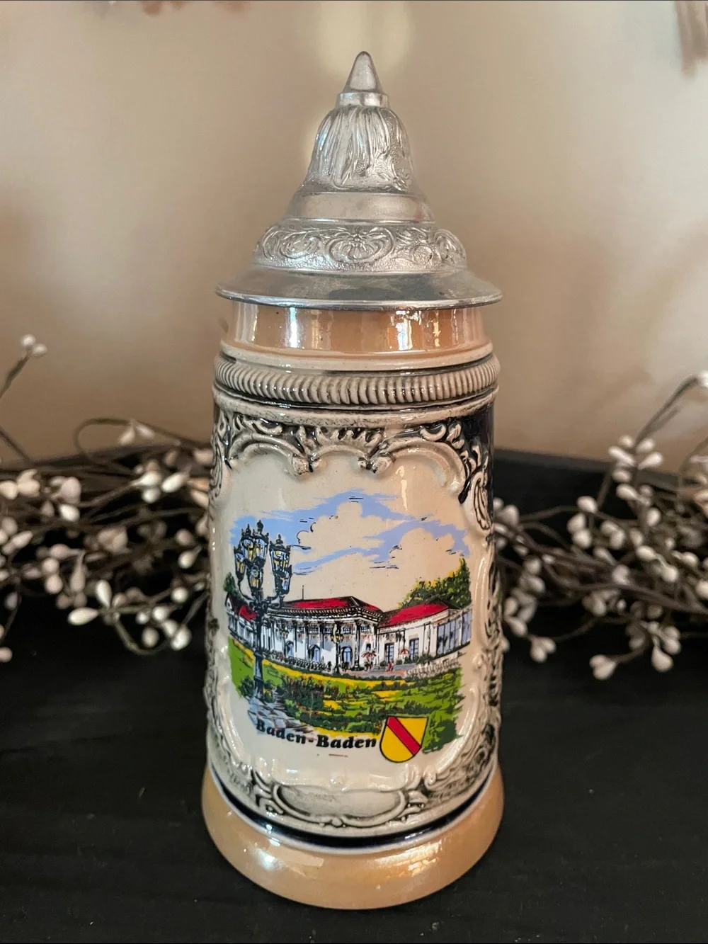 Vintage Baden-Baden Stoneware Souvenir Stein Featuring the Trinkhalle Structure.